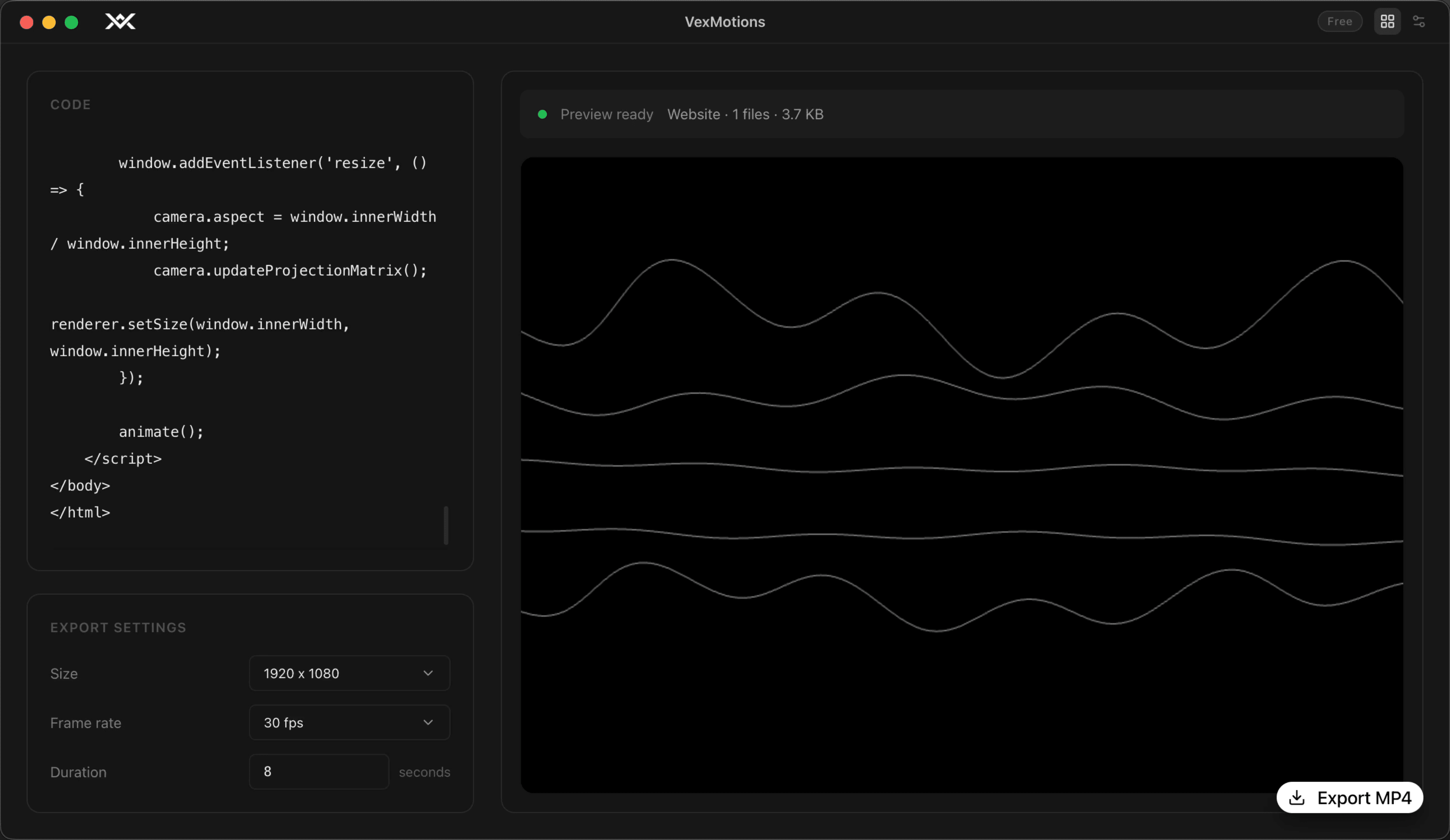 VexMotions Free — code editor with live preview and export panel